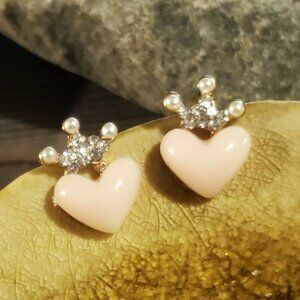 Little Pale Pink Puffed Heart Crystal Stud Earrings